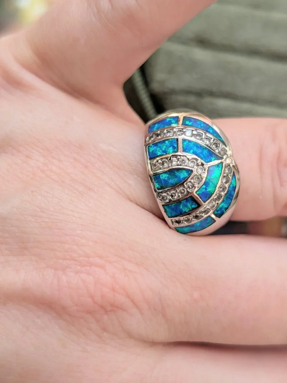Vintage Sterling Silver & Blue Rainbow Opal Triple Arch Ring, Size 6